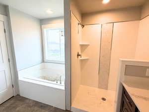 Bathroom with a garden tub, a shower stall, and vanity