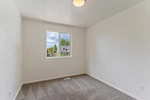 Carpeted spare room featuring baseboards and a textured ceiling
