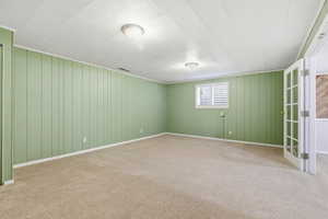 Spare room with carpet flooring and wooden walls