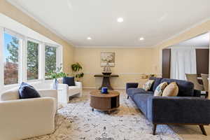 Living room featuring crown molding and recessed lighting