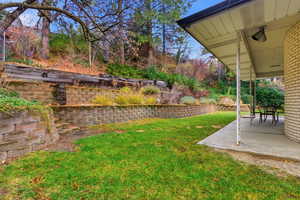 View of grassy yard with a patio area