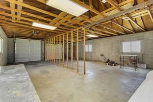 Garage featuring concrete block wall