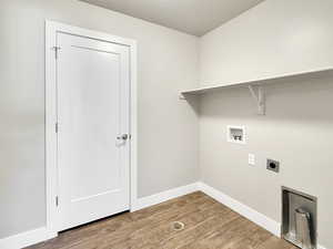 Washroom with light wood finished floors, hookup for a washing machine, and hookup for an electric dryer