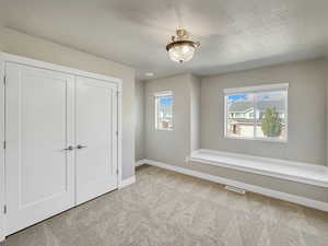Unfurnished bedroom with light colored carpet, a textured ceiling, a closet, and multiple windows