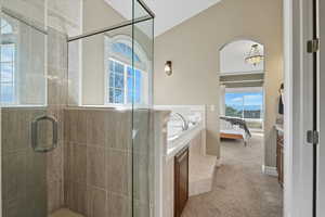 Bathroom with a stall shower, light colored carpet, a garden tub, and ensuite bath
