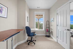Office featuring light carpet and baseboards