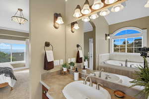 Bathroom featuring a garden tub, vanity, and carpet flooring