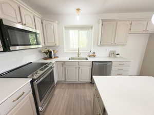Kitchen with appliances with stainless steel finishes, plenty of natural light, light wood-type flooring, and tasteful backsplash
