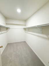 Walk in closet featuring light carpet