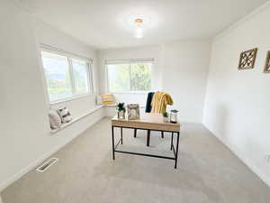 Office space featuring ornamental molding and light colored carpet
