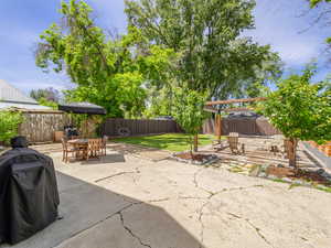 Fenced backyard with a patio, outdoor dining space, grilling area, and a pergola