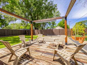 Fenced backyard with a patio