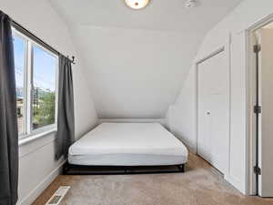 Carpeted bedroom featuring vaulted ceiling and baseboards