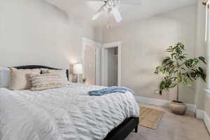 Bedroom featuring carpet and ceiling fan