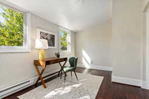 Home office with a baseboard radiator, dark wood-style flooring, and vaulted ceiling
