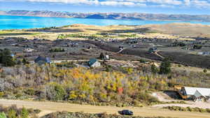 Aerial view of residential area with a water and mountain view