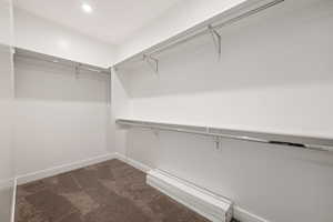 Spacious closet with dark carpet
