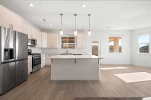 Kitchen with stainless steel appliances, pendant lighting, a center island, light wood finished floors, and recessed lighting