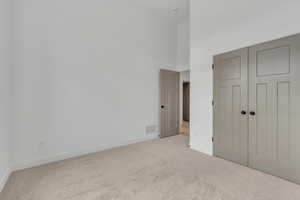 Unfurnished bedroom with a closet, carpet, and a high ceiling