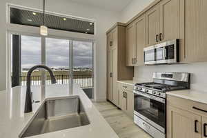 Kitchen with appliances with stainless steel finishes, hanging light fixtures, light wood-style floors, and light brown cabinets