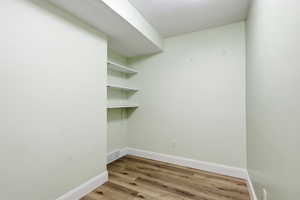 Spare room with baseboards and light wood-type flooring