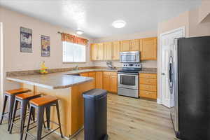 Kitchen with stainless steel appliances, a peninsula, a kitchen breakfast bar, light wood-style flooring, and light countertops