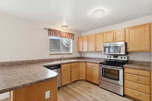 Kitchen featuring stainless steel appliances, light wood-style flooring, light brown cabinetry, and a peninsula