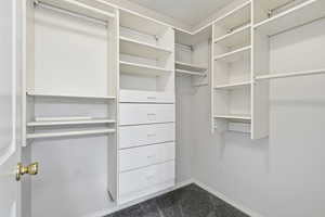 Walk in closet featuring dark colored carpet