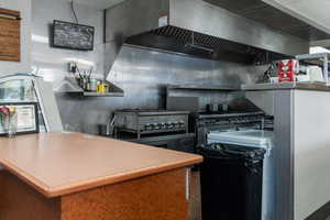 Kitchen with custom exhaust hood and open shelves