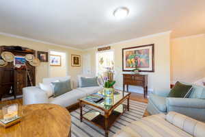 Living room featuring crown molding and wood finished floors