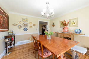 Dining area with light wood finished floors, wainscoting, crown molding, and a chandelier