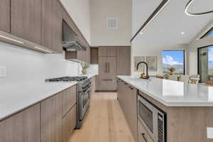 Kitchen featuring stainless steel appliances, modern cabinets, light wood-type flooring, under cabinet range hood, and recessed lighting