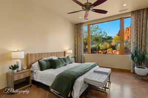 Bedroom featuring tile patterned flooring, recessed lighting, and ceiling fan