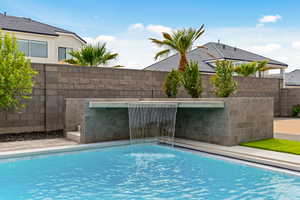 View of swimming pool with a fenced backyard and a patio