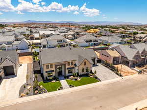 Aerial perspective of suburban area with mountains