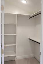 Walk in closet featuring light carpet