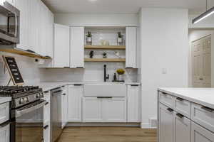 Kitchen with white cabinetry, stainless steel appliances, backsplash, and open shelves