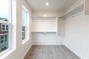 Spacious closet featuring light colored carpet