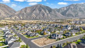 Aerial perspective of suburban area with a mountain backdrop