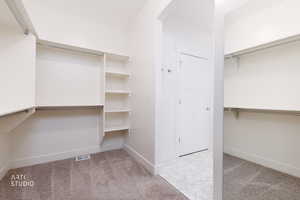Spacious closet with light carpet and arched walkways