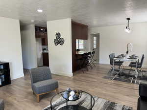 Living room with a textured ceiling and light wood-style floors