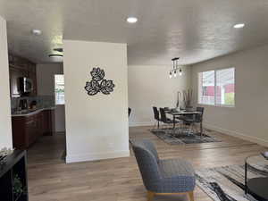 Dining room featuring light wood-style flooring, healthy amount of natural light, and a textured ceiling