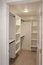 Spacious closet with light colored carpet