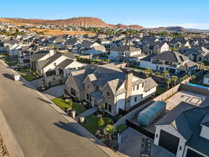 Aerial view of residential area with mountains