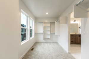 Spacious closet featuring light colored carpet