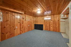Below grade area with wooden ceiling, wood walls, and carpet flooring