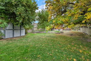 Fenced backyard with a storage unit