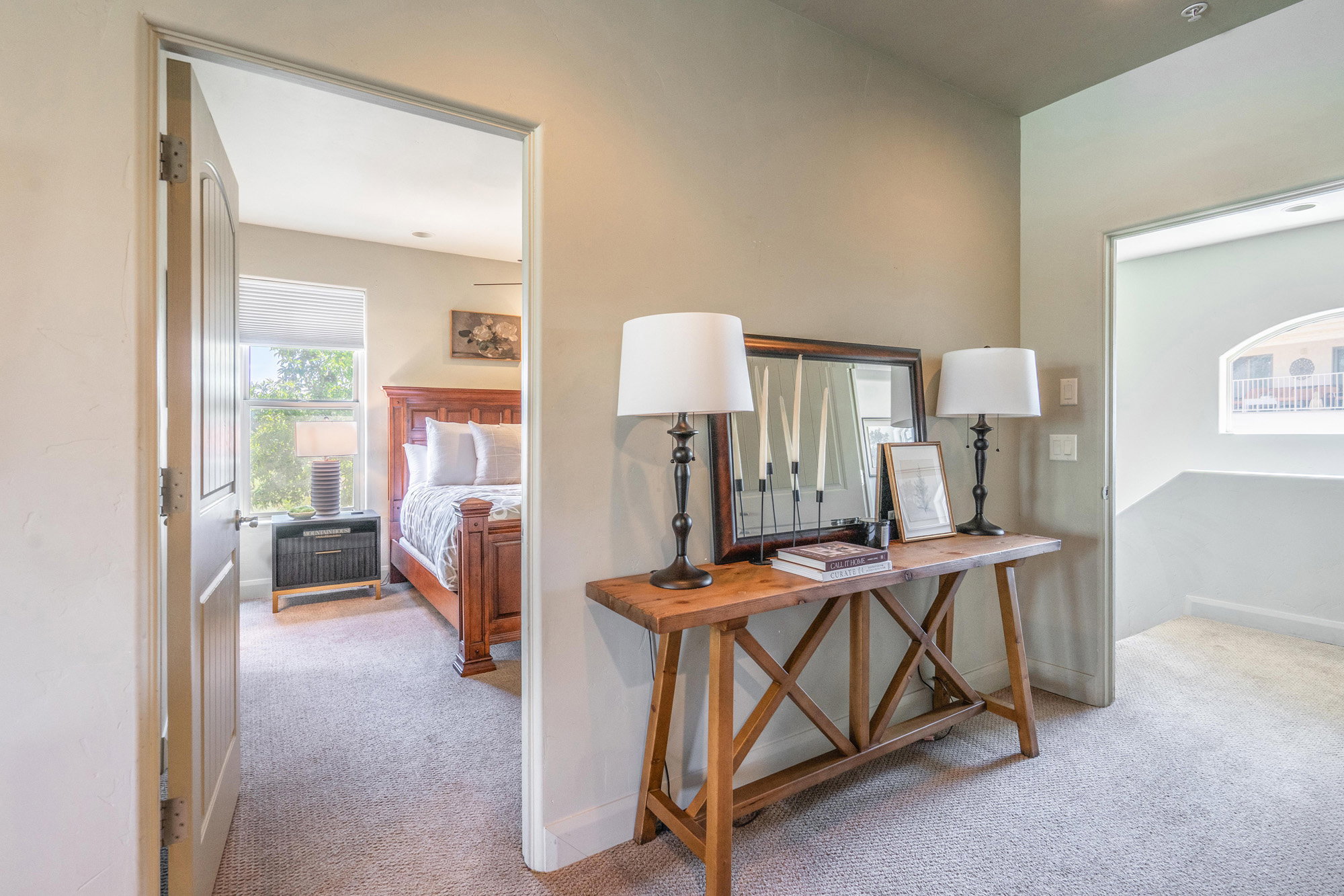 Office area featuring light colored carpet