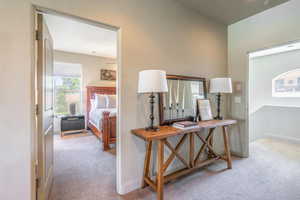 Office area featuring light colored carpet