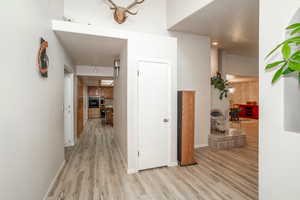 Corridor with light wood-style flooring and recessed lighting